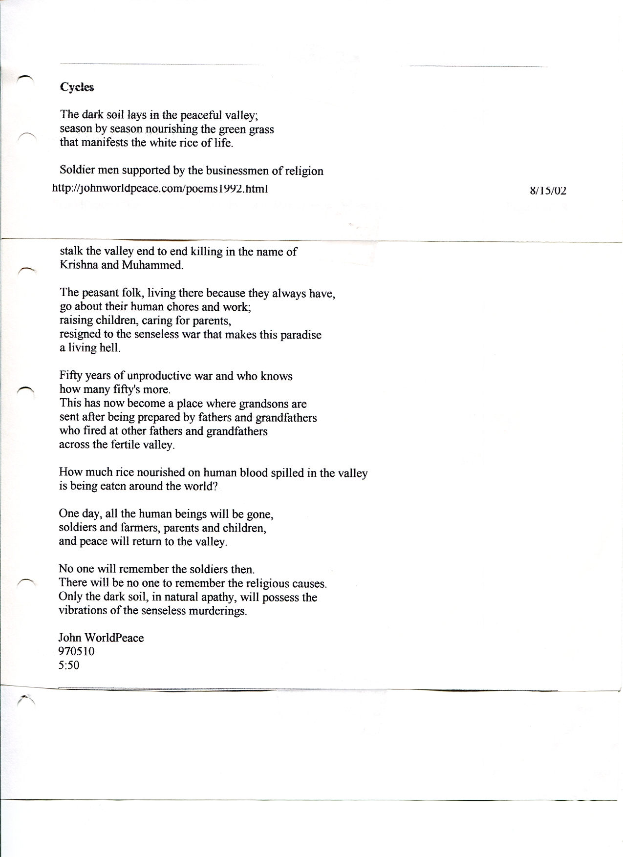 John WorldPeace Poems 1997 | World Peace Poems