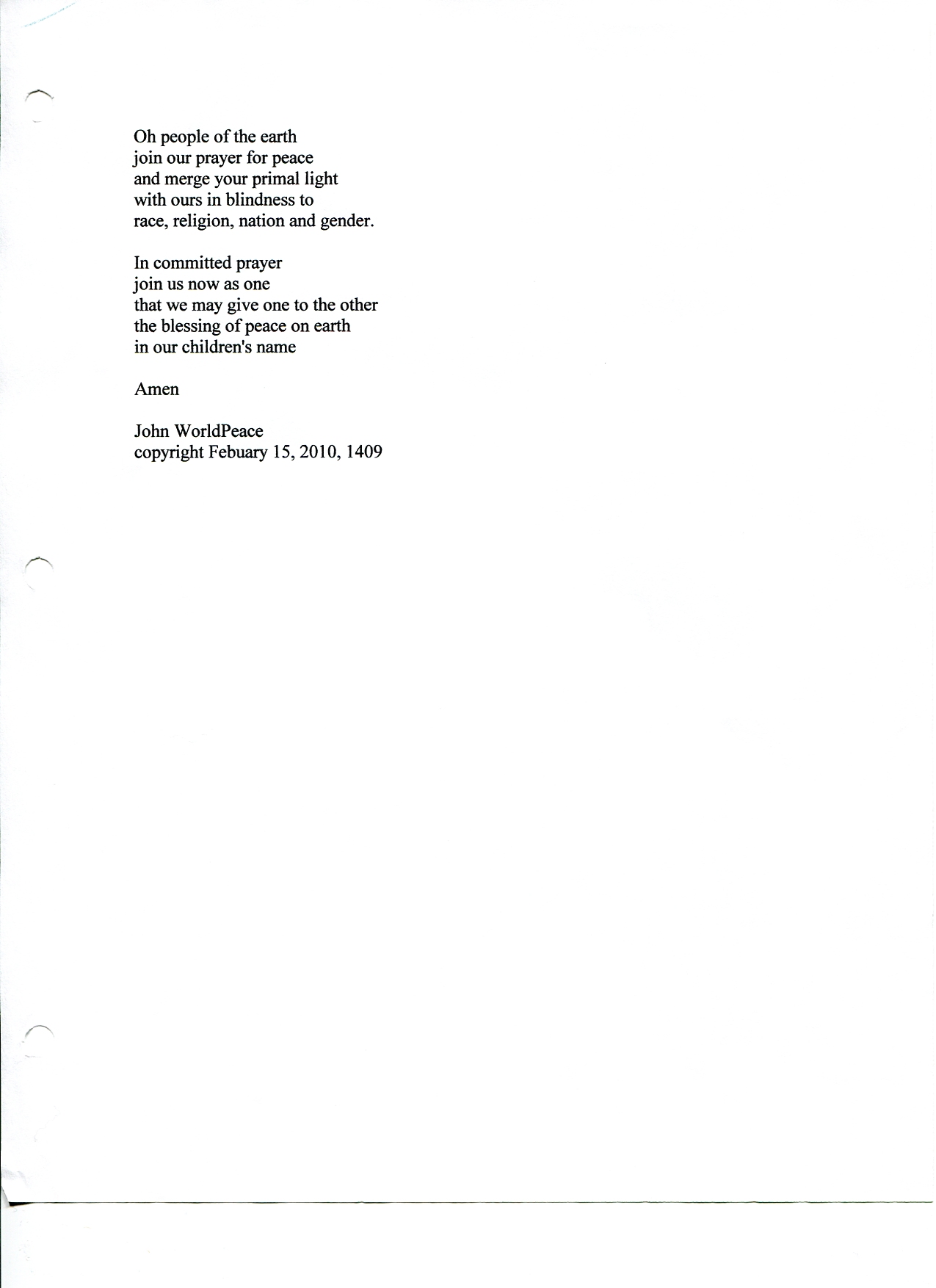 John WorldPeace Poems 2010 | World Peace Poems